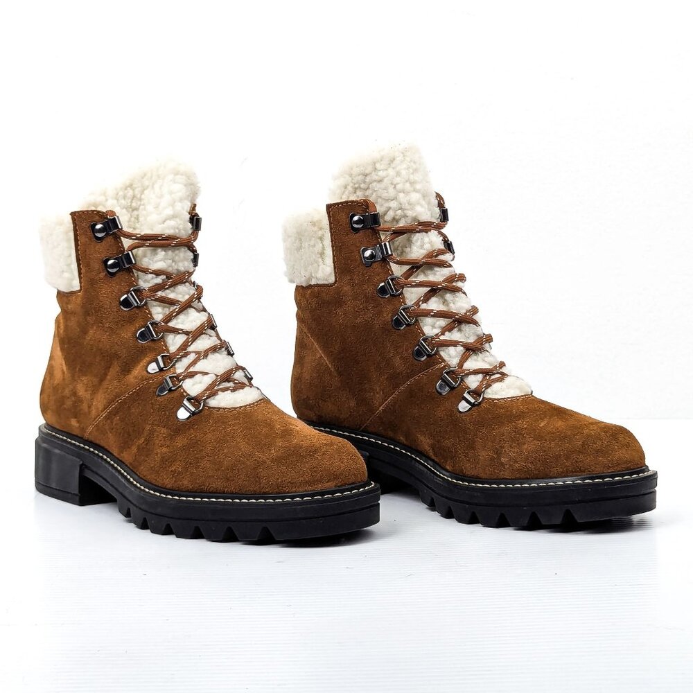 Bernardo Studio Women Dash Brown Suede Faux Fur Cuff Lace Ankle Boots sz 8.5